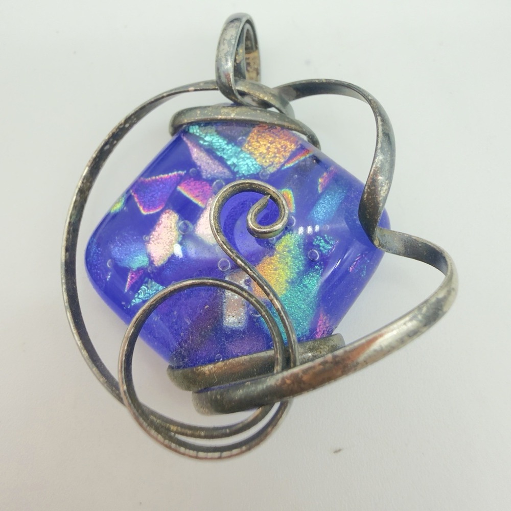 Handcrafted Wire Wrapped Dichroic Blue Glass Pendant Shimmering